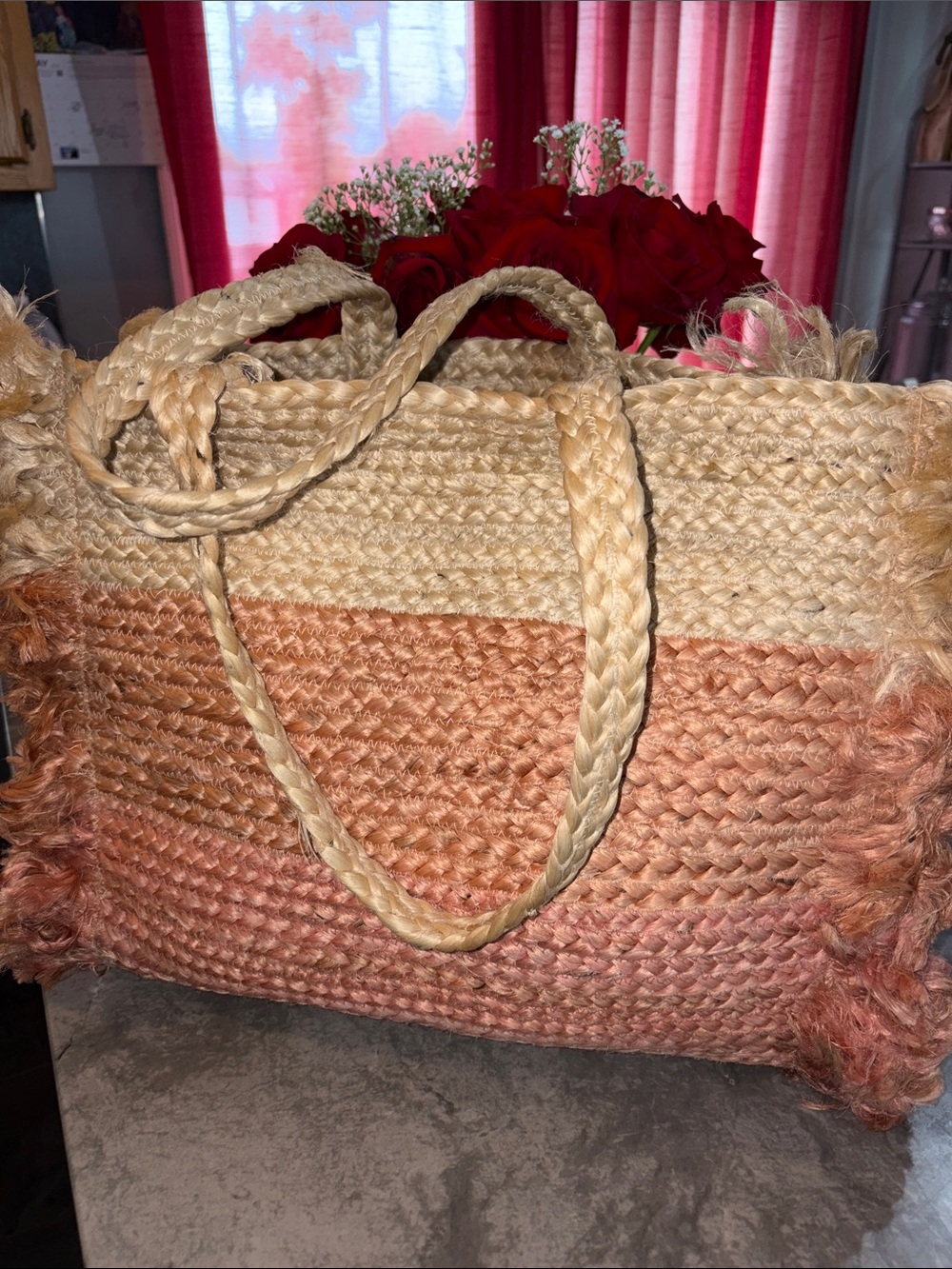Shiraleah Braided Straw Tote in Pink & Natural Ombre. 100% Jute